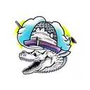 Gangster crocodile with cool hat on and tattoo and a golf club over tattoo design idea