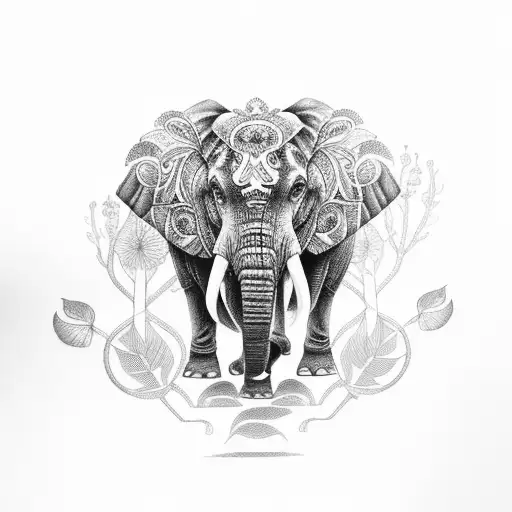 An intricate black-grey tattoo of an elephant surrounded by lush tropical plants and flowers tattoo design idea