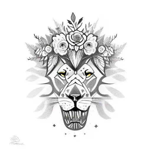 A sketch-style tattoo of a lion playing a guitar, surrounded by vibrant flowers and plants tattoo design idea