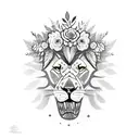 A sketch-style tattoo of a lion playing a guitar, surrounded by vibrant flowers and plants tattoo design idea