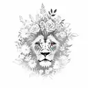 A sketch-style tattoo of a lion playing a guitar, surrounded by vibrant flowers and plants tattoo design idea