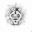 A sketch-style tattoo of a lion playing a guitar, surrounded by vibrant flowers and plants tattoo design idea