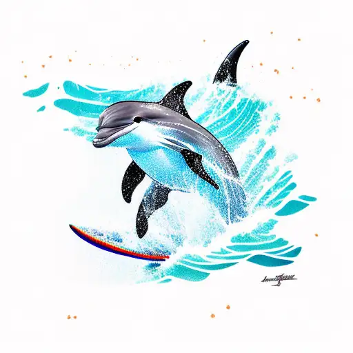 A surfer catching a wave with a dolphin jumping alongside tattoo design idea