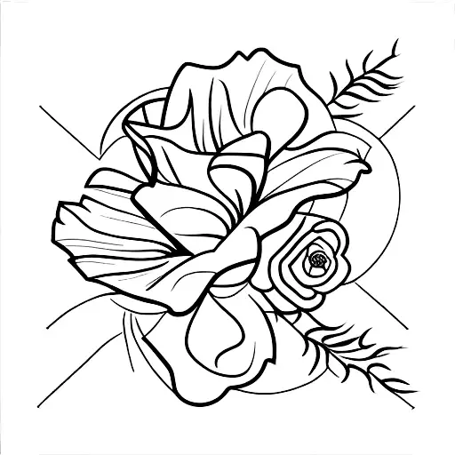 linework stylised flower boquet with 2 roses, 1 cosmos, 1 poppy, 1 violet for patchwork sleeve tattoo design idea