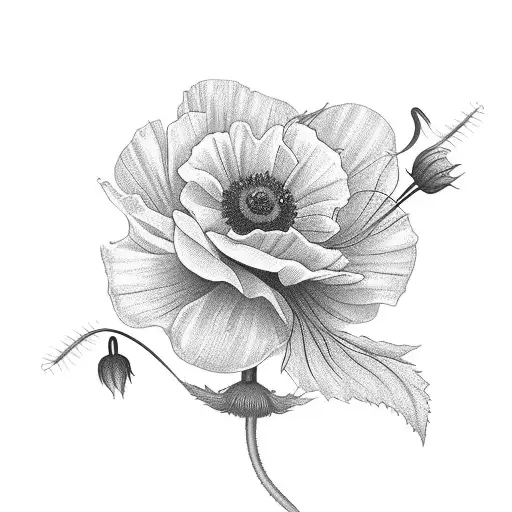 linework flower boquet with 2 roses, 1 cosmos, 1 poppy, 1 violet tattoo design idea