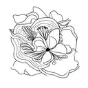 linework flower boquet with 2 roses, 1 cosmos, 1 poppy, 1 violet for patchwork sleeve tattoo design idea