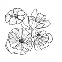 linework flower boquet with 2 roses, 1 cosmos, 1 poppy, 1 violet for patchwork sleeve tattoo design idea