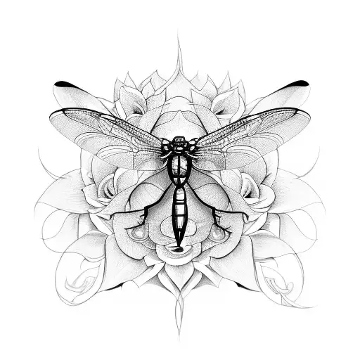 flowers inside the wings of dragonfly, asymmetrical, fine lines tattoo design idea