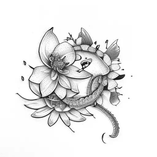 dragon fly, flowers, thin lines, asymmetrical, tiny details tattoo design idea
