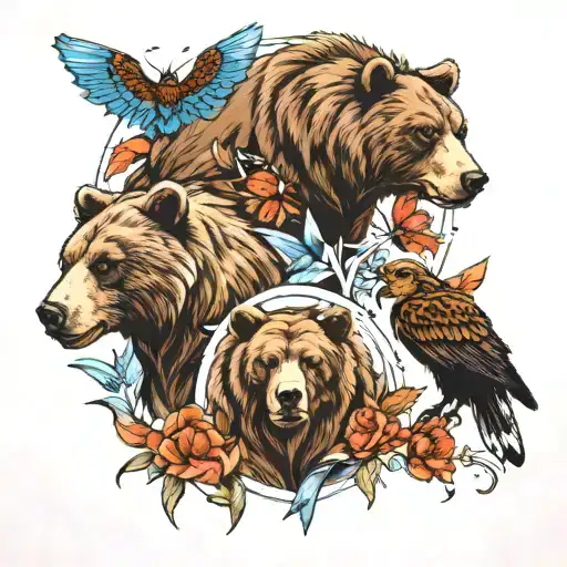 Grizzly Bear, Angel, Eagle, Horse and two butterflies tattoo design idea