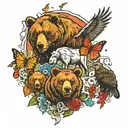 Grizzly Bear, Angel, Eagle, Horse and two butterflies tattoo design idea