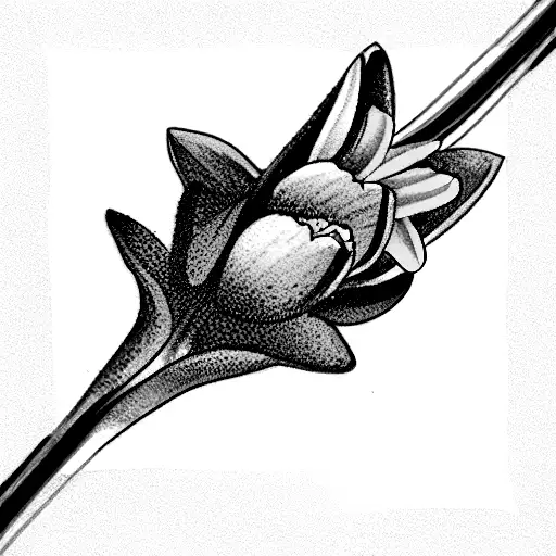 a bundle of flowers including a daffodil, violet, larkspur, and water Lily tied together with a string tattoo design idea