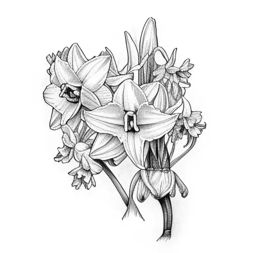  a daffodil violet and larkspur tied together with a string tattoo design idea