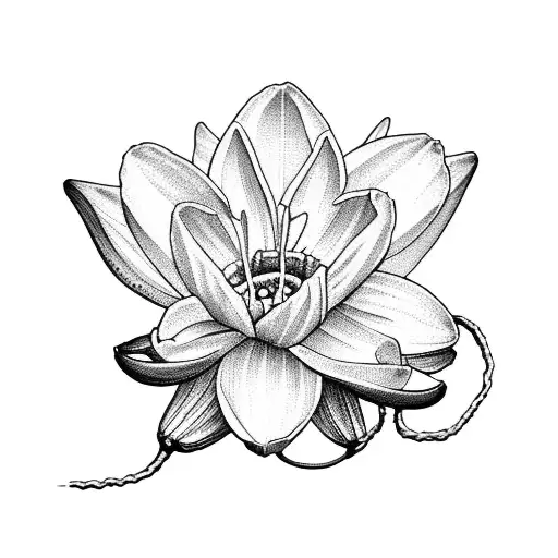  a daffodil, violet, larkspur, and water Lily tied together with a string tattoo design idea