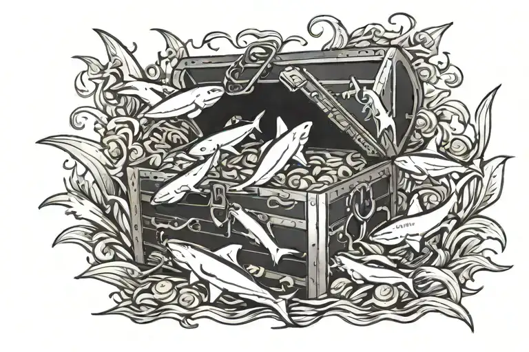 treasure chest with gold coins spilling And sharks swimming around it  tattoo design idea