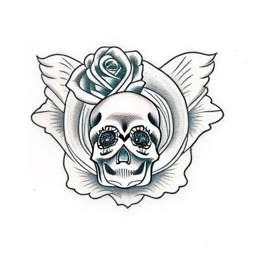baby angel laying on 2 roses with a sugar skull beneath tattoo design idea
