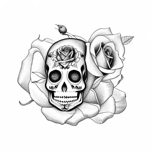 baby angel laying on 2 roses with a sugar skull beneath the roses tattoo design idea