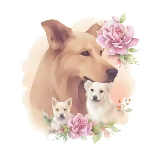 dogs, mother and daughter, whith flower tattoo design idea