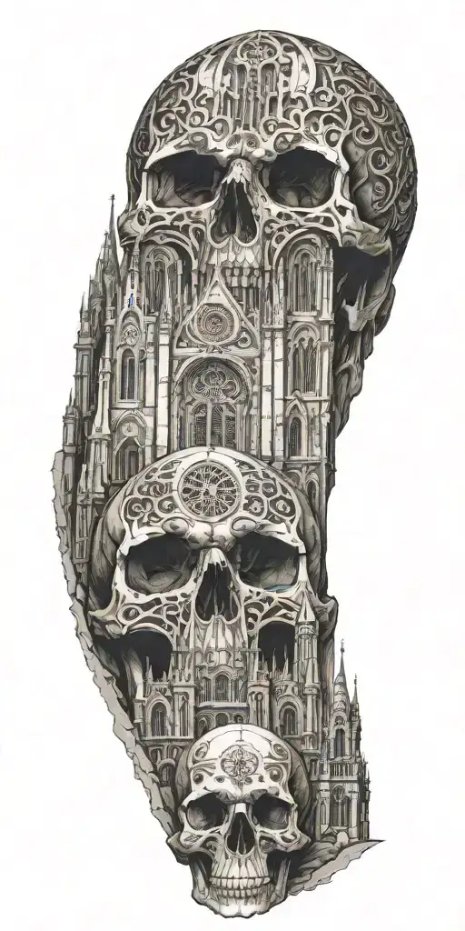 architectural cathedral motifs and skulls  tattoo design idea