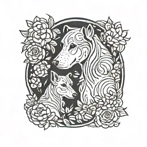 dogs, mother and daughter, whith flower tattoo design idea