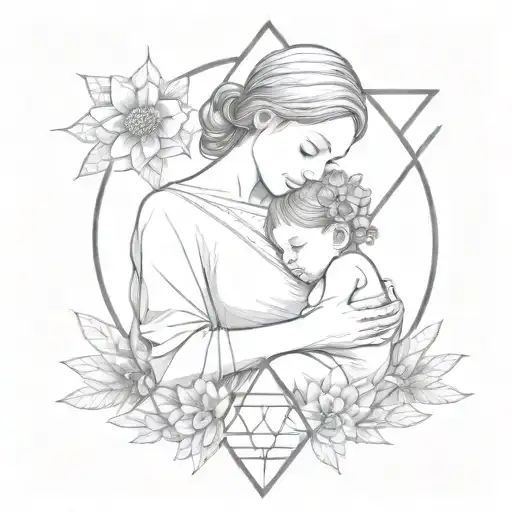 mother and child in embrace, with flower, inside a geometric triangle  tattoo design idea