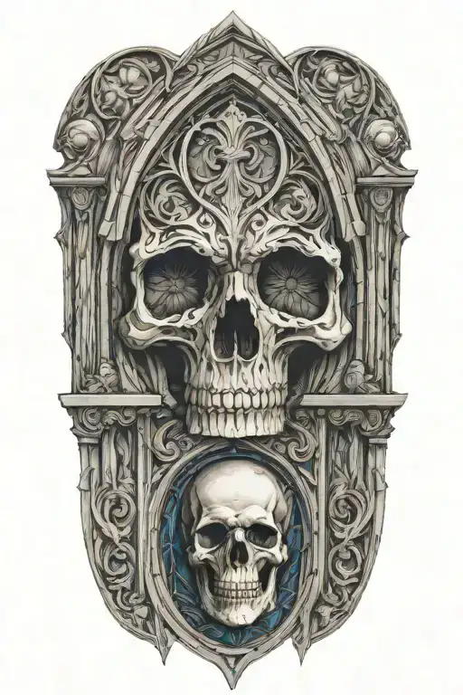 architectural cathedral motifs, stained glass, and one detailed skull tattoo design idea