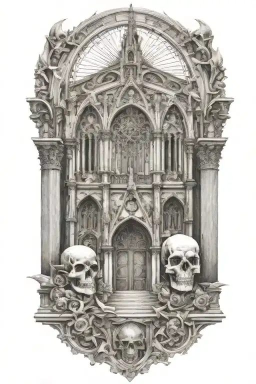 architectural cathedral motifs and skulls  tattoo design idea