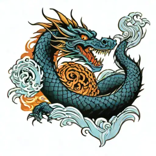 Dragon,Japanese dragon ,Ryu (Japanese word for dragon),Scales ,Serpent,Fire ,Water ,Clouds 	 tattoo design idea