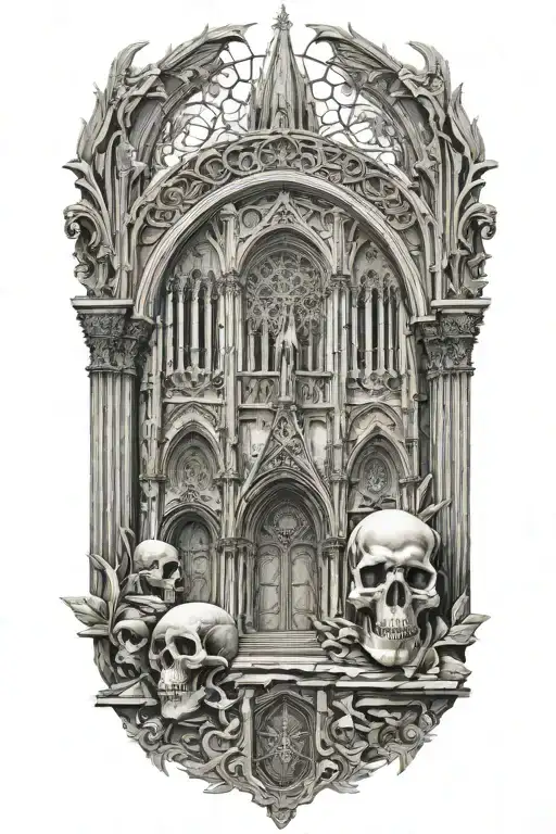 architectural cathedral motifs and skulls  tattoo design idea