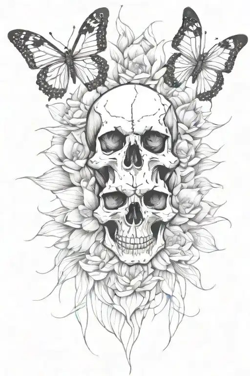 skull lotus flower butterfly tattoo design idea