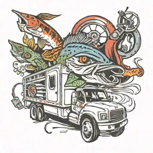 18 wheeler and fishing lure surrounded tattoo design idea