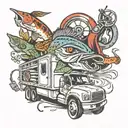 18 wheeler and fishing lure surrounded tattoo design idea