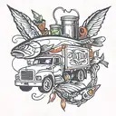 18 wheeler and fishing lure surrounded tattoo design idea