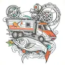 18 wheeler and fishing lure surrounded tattoo design idea