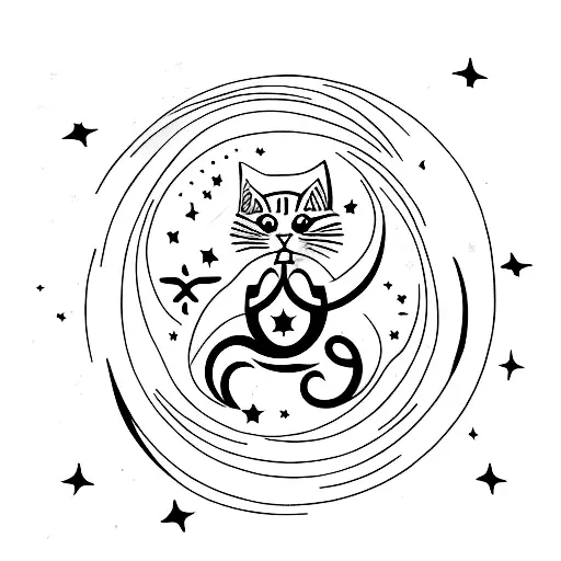 A minimalist tattoo of a cat sitting on a crescent moon, surrounded by stars tattoo design idea