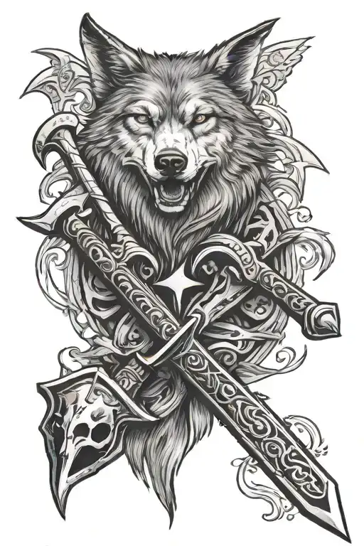 wolf, raven, sword, axe, spear,  5 dice rolling tattoo design idea
