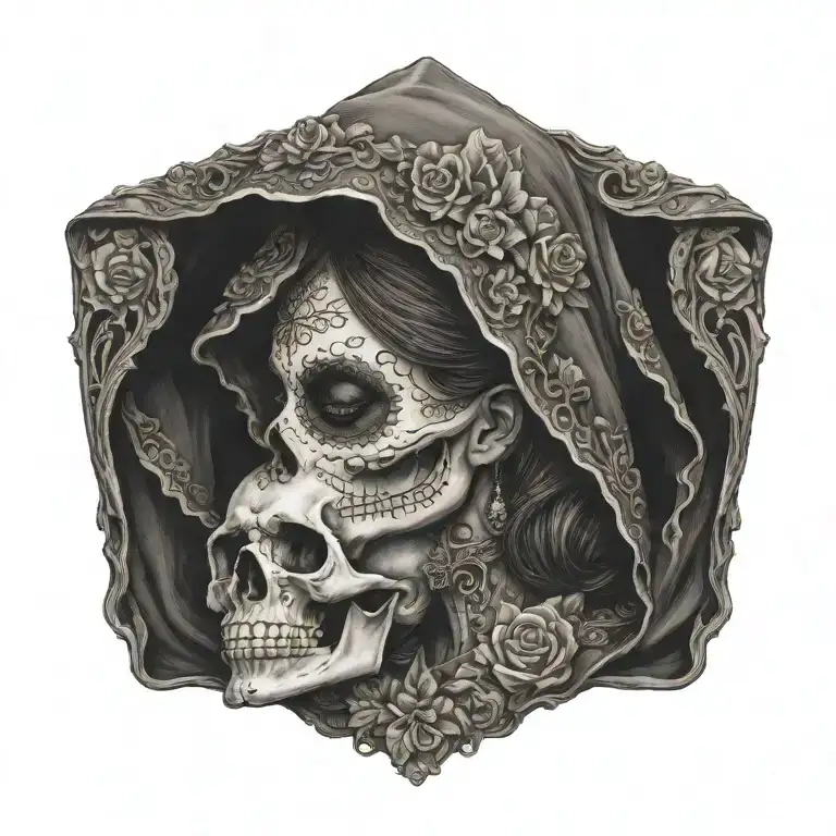 la catrina kisses a skull wearing a hood tattoo design idea