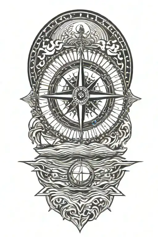 compass   waves boat sun clouds floating tattoo design idea
