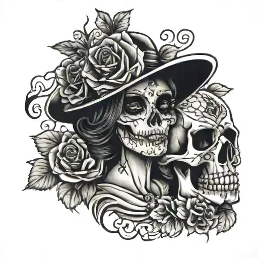 la catrina in love with a skull  tattoo design idea