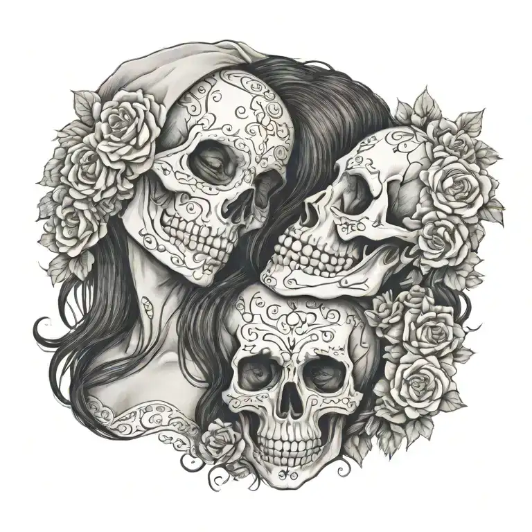 La Catrina in profile and an old skull kiss each other tattoo design idea