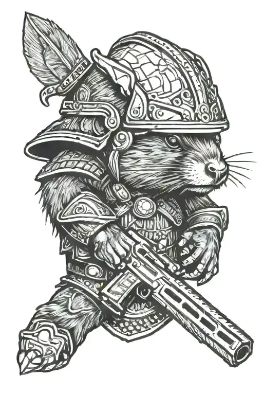 Beaver with Viking helmet and machine gun tattoo design idea
