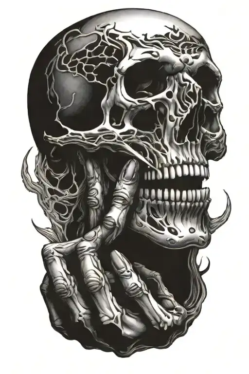 Hands reach out of mouth of screaming skull tattoo design idea