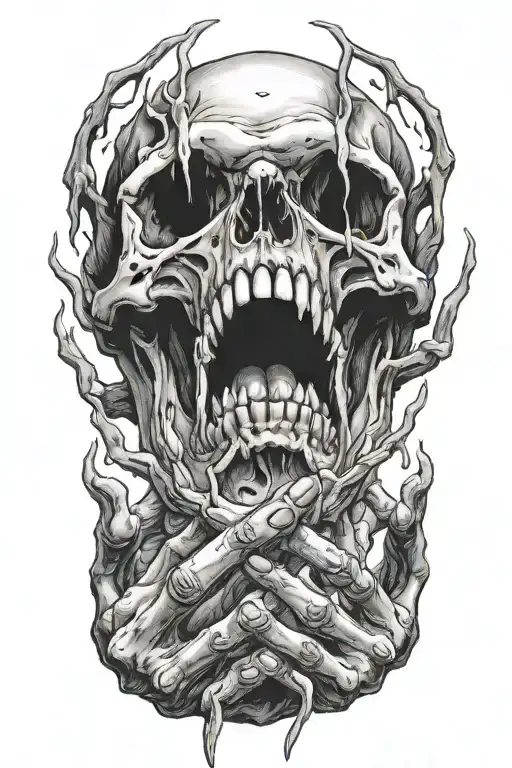 Hands reach out from screaming skull tattoo design idea