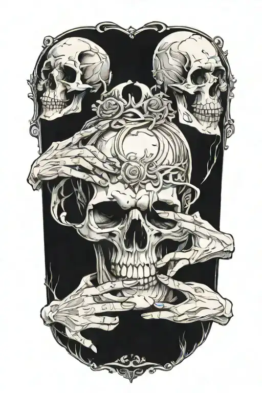 Hands reach out of mouth of screaming skull tattoo design idea