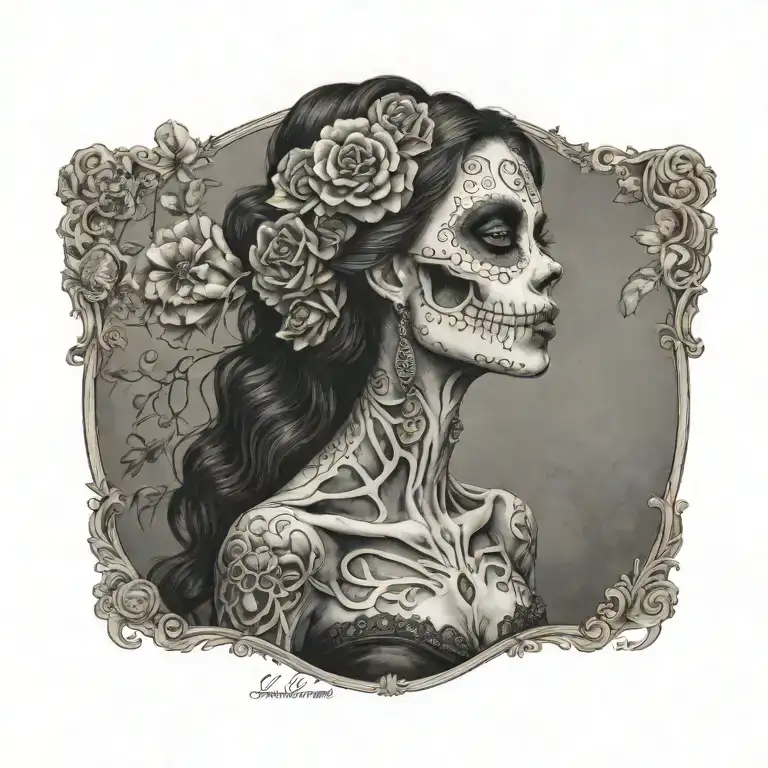 A woman in profile, made up as La Catrina, and a skeleton kiss tattoo design idea