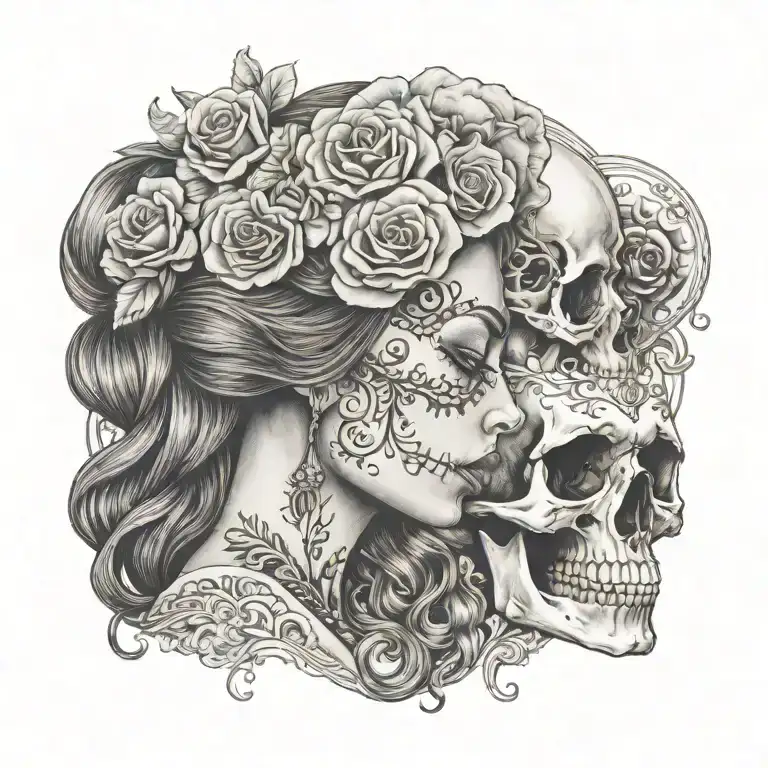 La Catrina in profile and an old skull kiss tattoo design idea