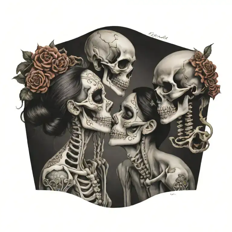 La Catrina in profile and a skeleton look at each other and kiss each other tattoo design idea
