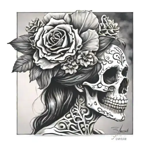 la catrina in love with a skull  tattoo design idea
