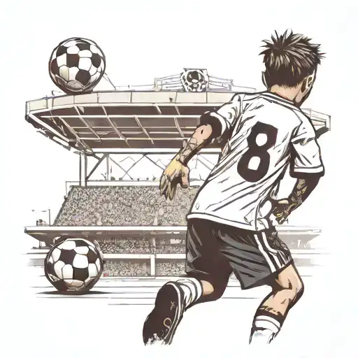 Child from behind with soccer, stadium as background tattoo design idea