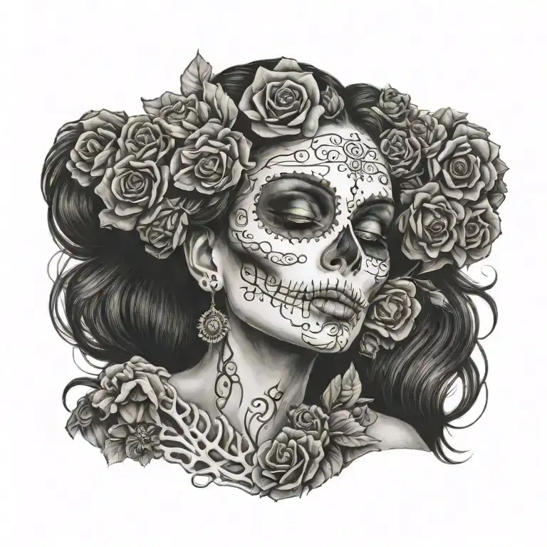 A woman in profile, made up as La Catrina, hugs and kisses a skeleton tattoo design idea